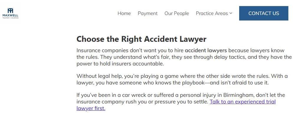 Screenshot of in-content CTA in one of Maxwell-Tillman’s blog (www.mxlawfirm.com)