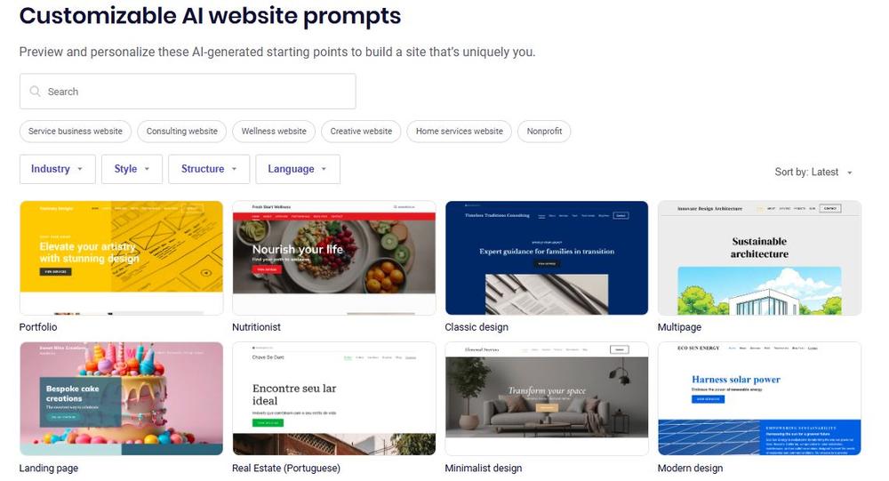 Screenshot of B12’s AI prompt website gallery