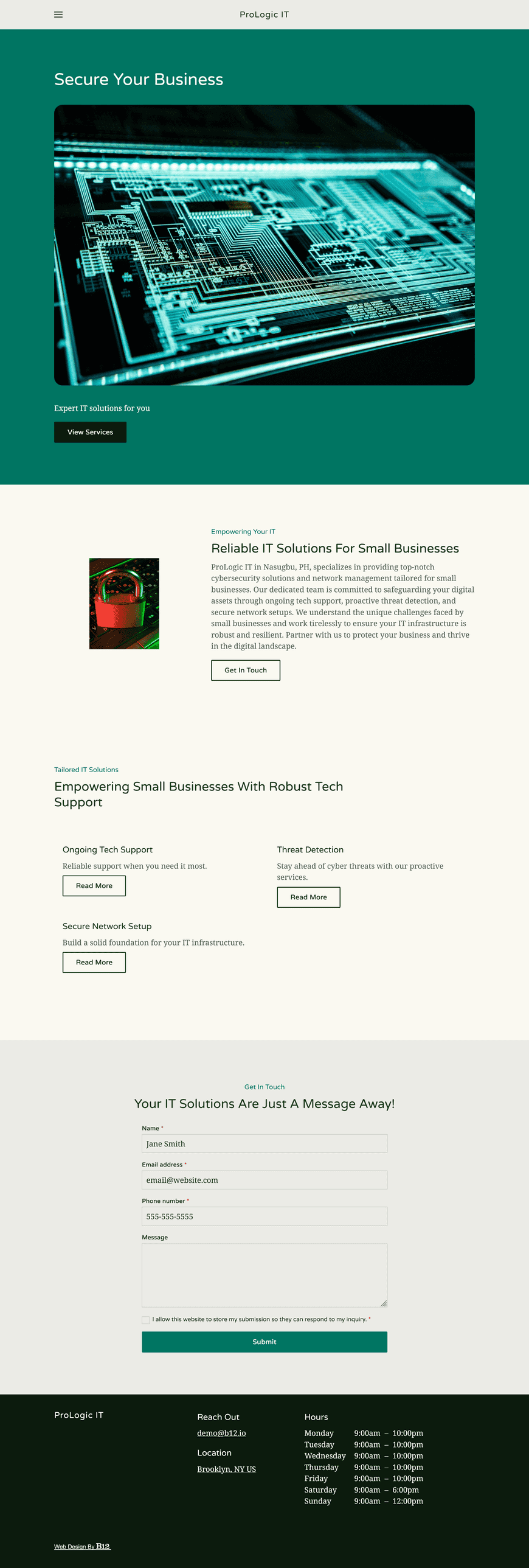 My IT services business provides cybersecurity solutions and network management for small businesses. I want to showcase my services, like ongoing tech support, threat detection, and secure network setup. Add a blog page with IT tips and a contact form for client inquiries.