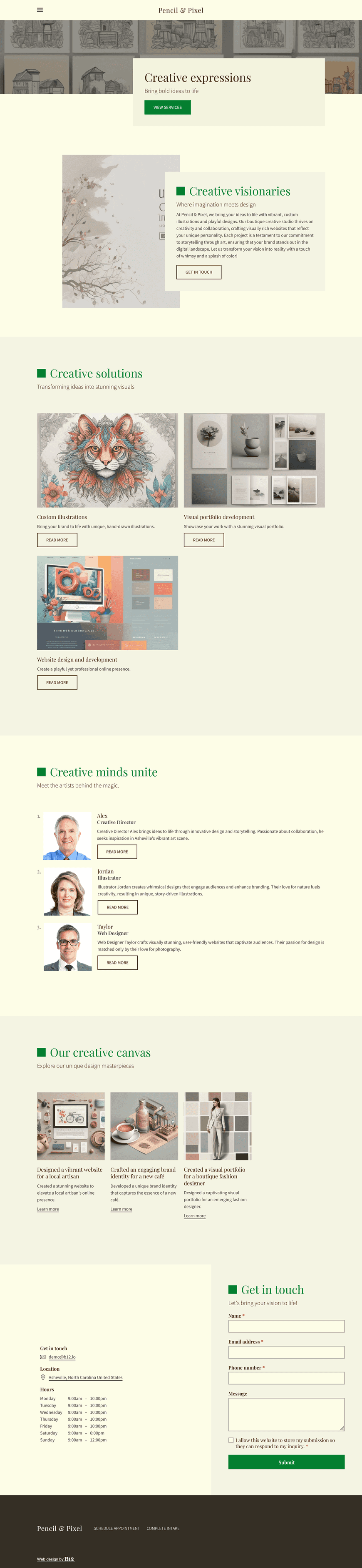 Design a visually rich website that incorporates custom illustrations to communicate personality and creativity for a boutique creative studio based in Asheville, North Carolina. The layout should be playful yet clean, with hand-drawn graphics and vibrant colors. Include sections for services, a visual portfolio, team bios with illustrated portraits, a blog, and a contact form.