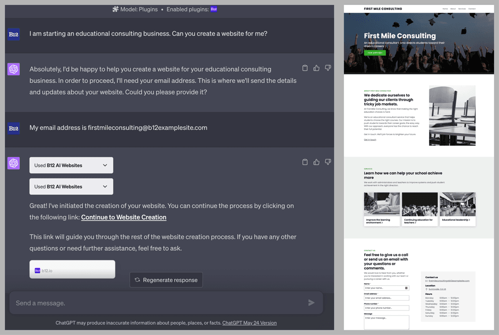 A screenshot of the B12 AI Websites ChatGPT plugin in action