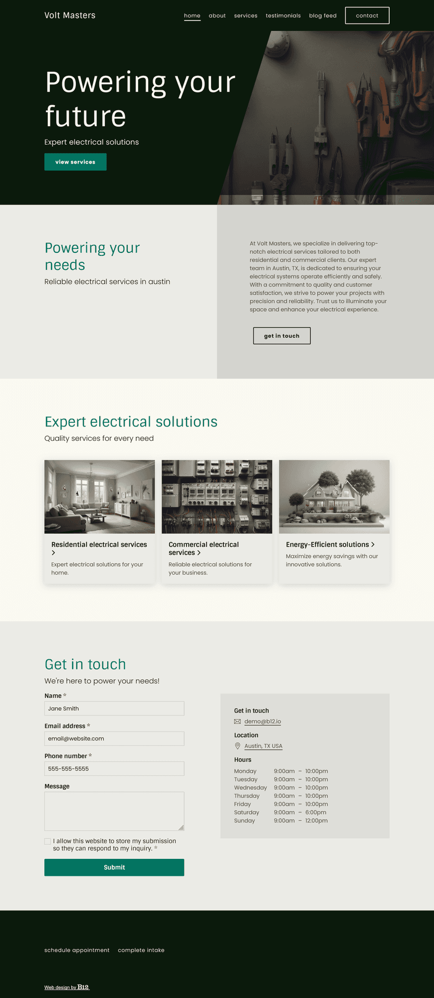 Create a modern and professional website for our electrical contractor company based in Austin, TX. The website should include a Services page covering residential and commercial electrical services, a Testimonials page, a Blog featuring articles on energy-efficient technologies, and a Contact form.