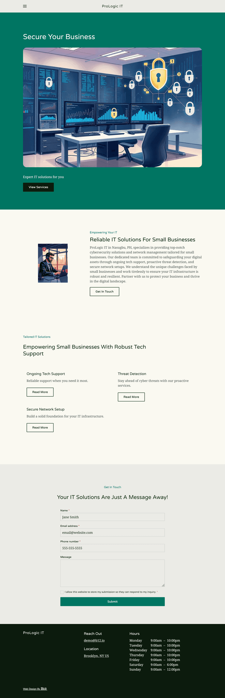 My IT services business provides cybersecurity solutions and network management for small businesses. I want to showcase my services, like ongoing tech support, threat detection, and secure network setup. Add a blog page with IT tips and a contact form for client inquiries.