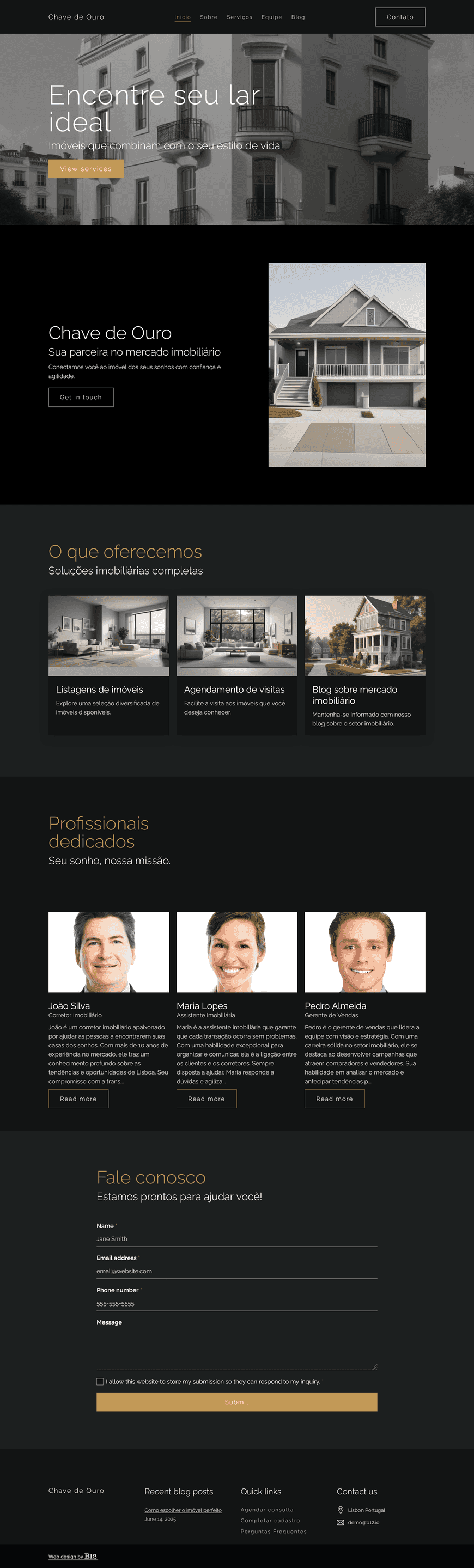 Crie um site elegante e funcional para a imobiliária Chave de Ouro. O site deve conter listagens de imóveis com filtros, uma seção de agendamento de visitas, perfis dos corretores, uma página de perguntas frequentes, um blog sobre o mercado imobiliário e uma página de contato. O visual deve ser moderno, confiável e acessível.