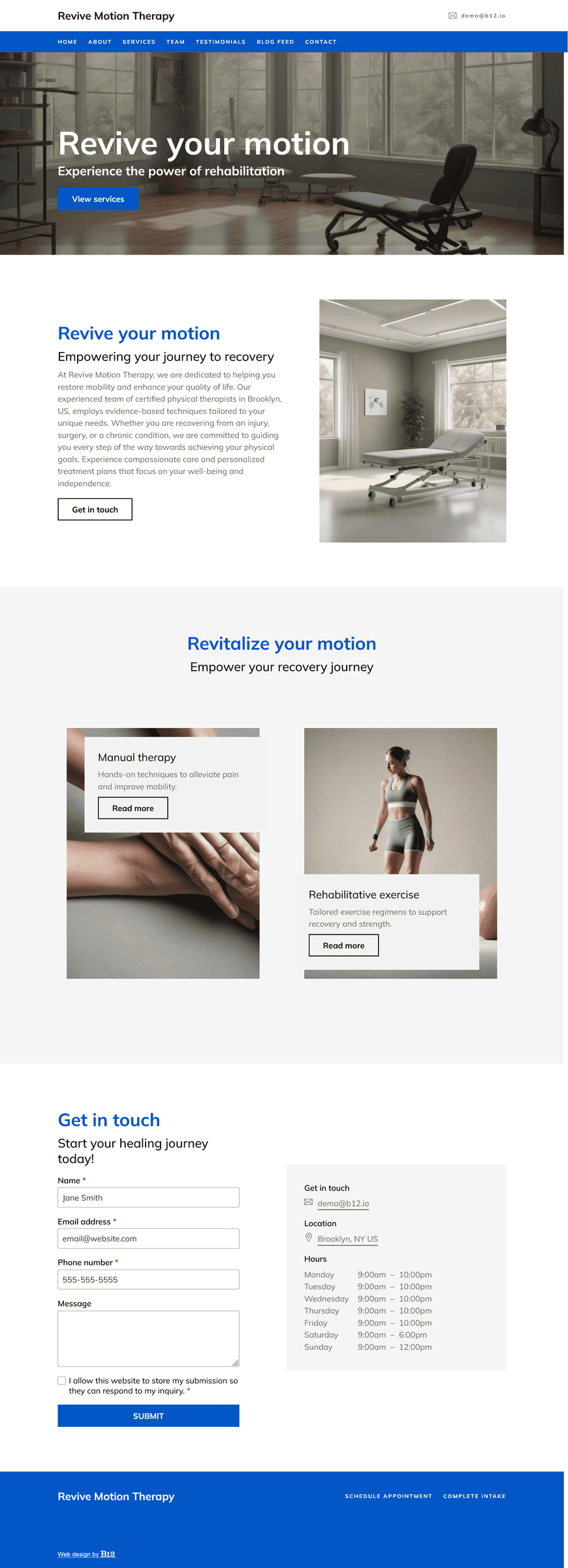 Create a professional website for our physical therapy clinic dedicated to helping clients restore mobility and improve their overall quality of life. Include a Team page introducing the clinic’s team of certified physical therapists, such as Dr. Laura Bennett (PT, DPT) and Dr. James Whitman (PT, MSPT), Services page, Testimonials page, Blog with posts like home exercise guides, and a Contact form with an appointment booking form.
