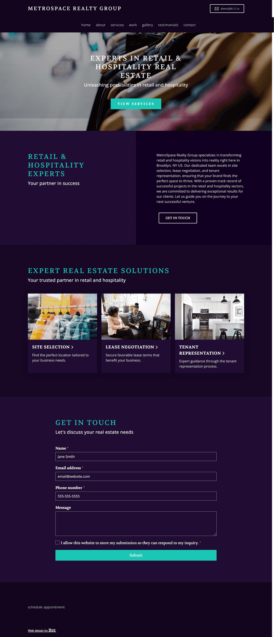 Our commercial real estate firm specializes in retail and hospitality spaces. Our services include site selection, lease negotiation, and tenant representation for retail brands and hotel operators. The website should showcase our expertise in the retail and hospitality sectors, feature a gallery of past projects, and include client testimonials. 