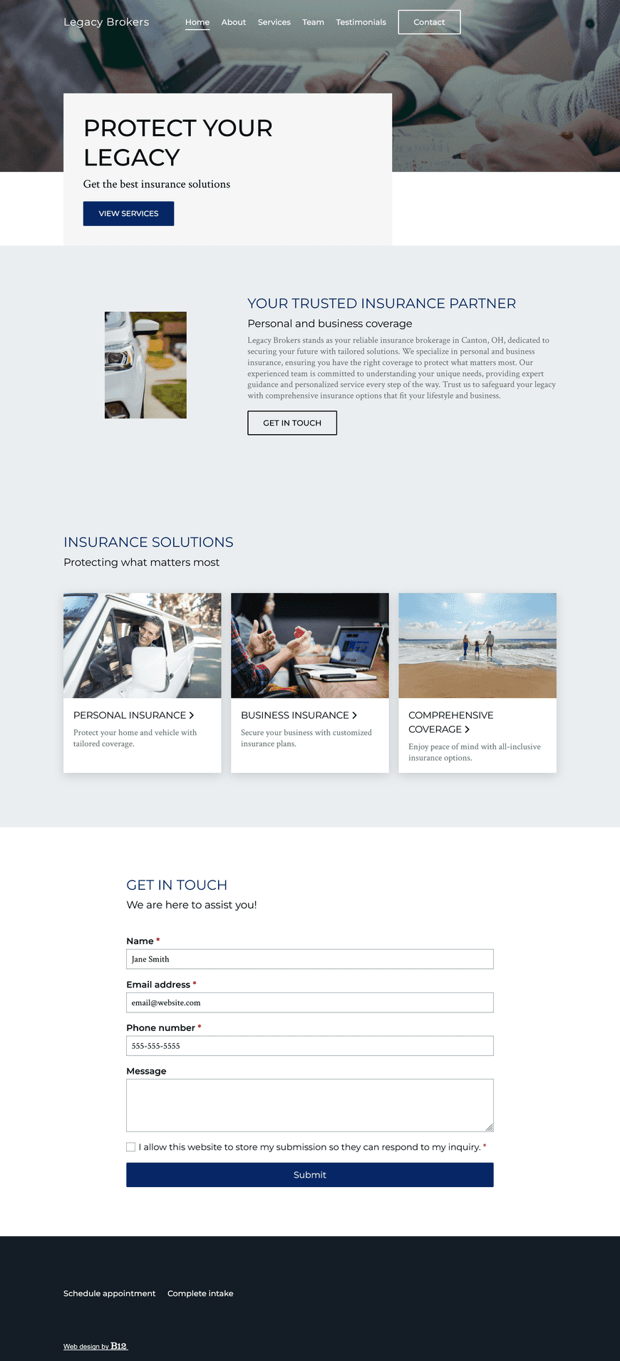 Our insurance brokerage in Canton, OH offers personal (home, auto) and business insurance.  The website should have an online quote request form, team bios for our president Simone Nguyen and agent Liam Smith, and feature client testimonials. 