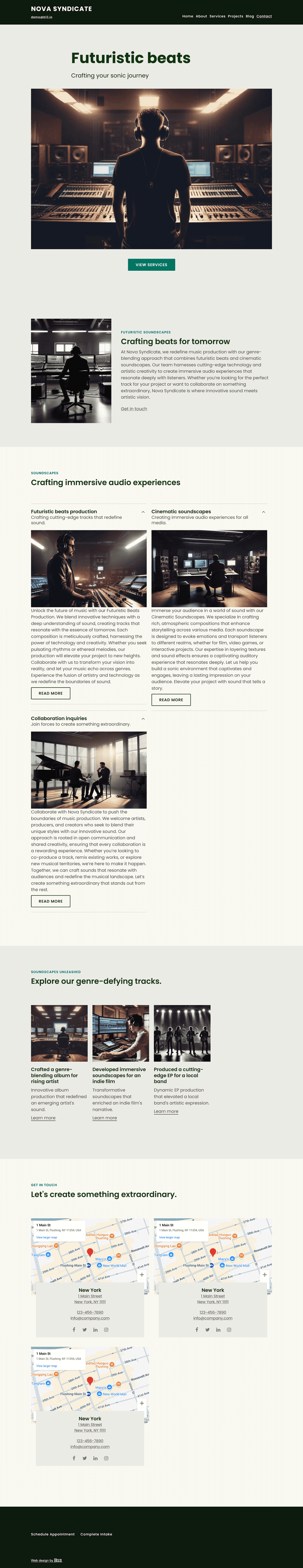 Design a sleek, genre-blending website for Nova Syndicate, an LA-based music producer known for futuristic beats and cinematic soundscapes. Use moody gradients, animated audio visualizers, and immersive full-screen sections. Include a portfolio of tracks, collaboration inquiries, and behind-the-mix blog posts.