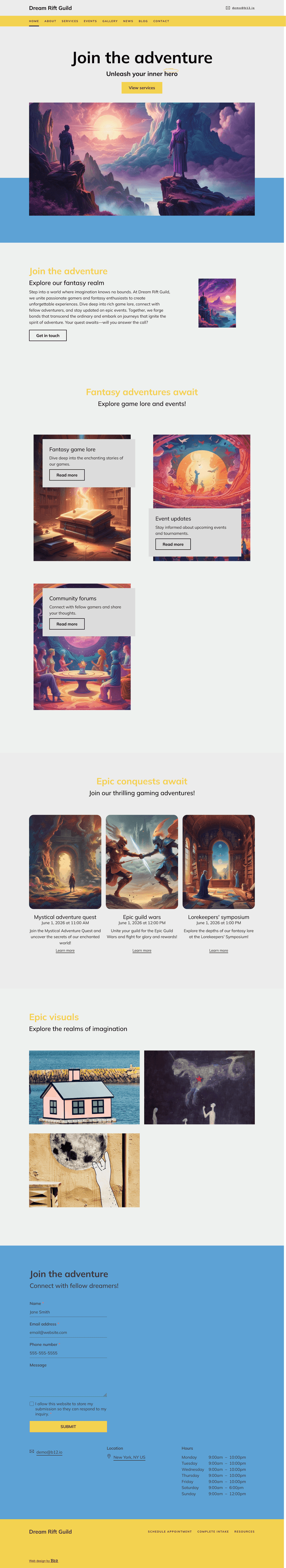 Build an imaginative site for Dream Rift Guild, a fantasy gaming community. Use surreal illustrations, floating elements, and rich, vibrant colors. Include resources on game lore, and event updates.