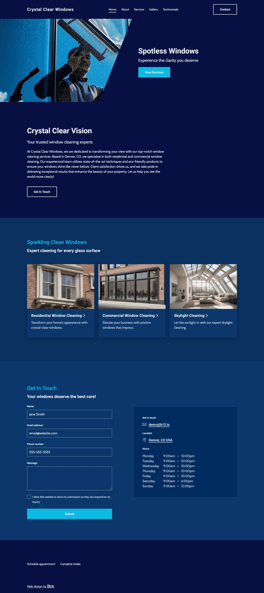 Design a clean, uplifting landing page for Crystal View Windows in San Diego, California, using bright, high-clarity images emphasizing shine and transparency. Include service tiers, residential and commercial options, customer reviews, FAQs, and an online booking section.