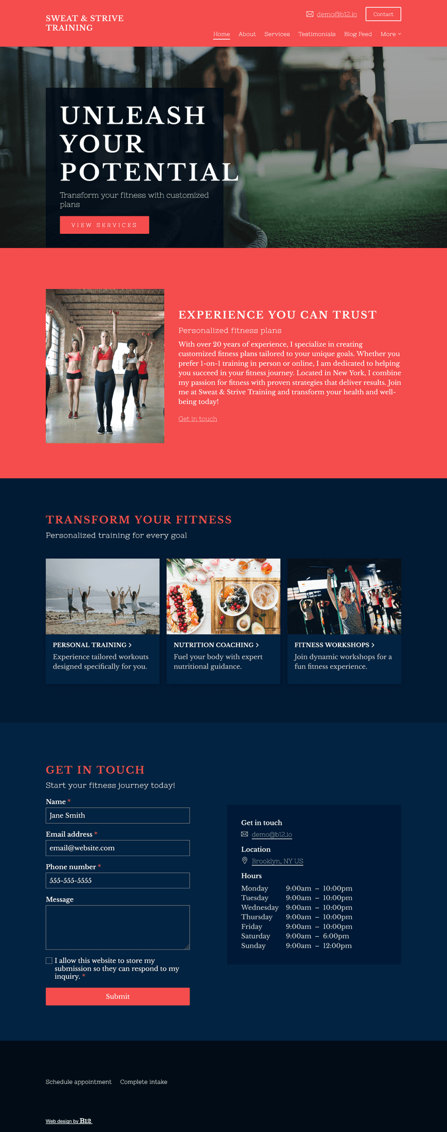 I'm a personal trainer with 20+ years experience creating customized fitness plans. I offer 1-on-1 training in person or online. My site should have client testimonials, email signup for new members, and a blog with health and fitness tips.