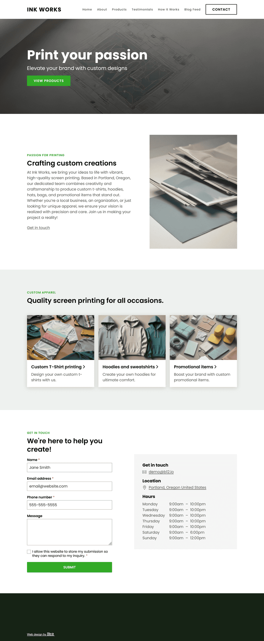 Create a website for our screen printing business located in Portland, Oregon. The website should include an About page, Services page listing services such as custom t-shirt printing, hoodies, hats, bags, and promotional items, Testimonials, Blog on topics like how screen printing works, and an easy-to-use contact form.