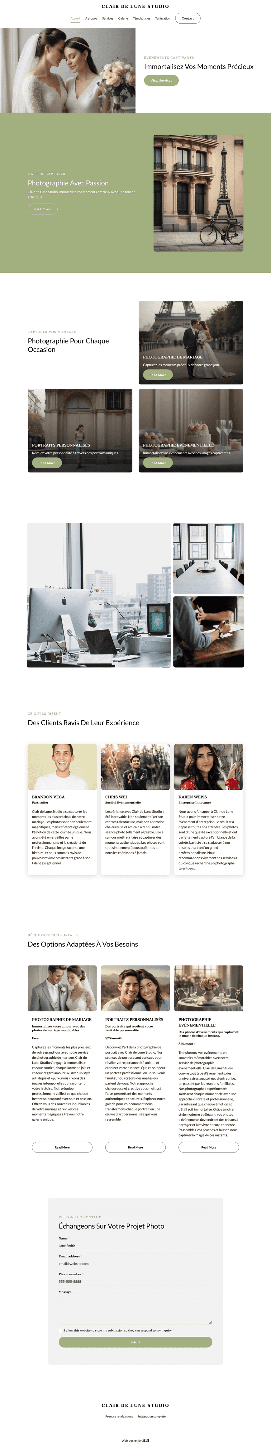 Créez un site web artistique et épuré pour la photographe Clair de Lune Studio. Le site doit inclure une galerie de photos triée par catégories (mariage, portrait, événementiel), une page À propos de l'artiste, des témoignages de clients, une section de réservation en ligne et une page de tarifs. L’esthétique doit être moderne, élégante et inspirante.
