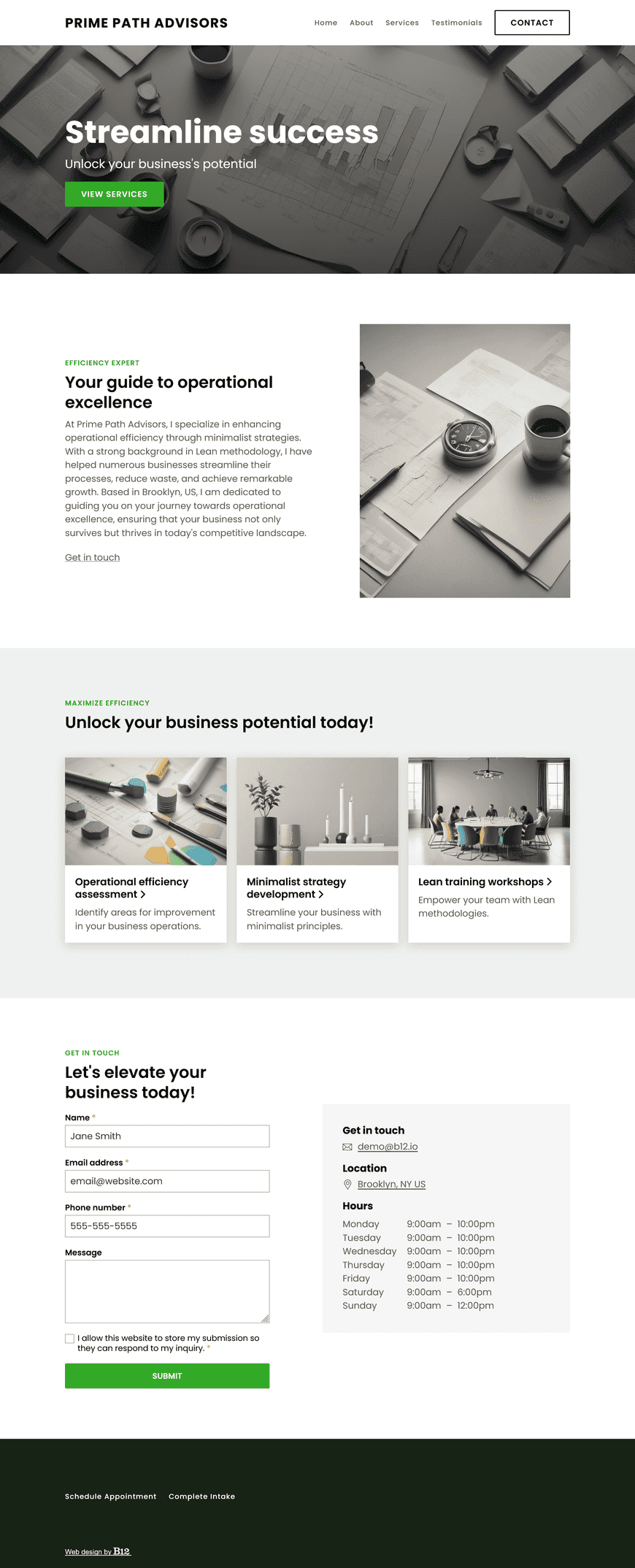 I’m a business consultant specializing in operational efficiency. The website should have a Services page, an About page highlighting my background in Lean methodology and success stories with past clients, a Testimonials page, and a Contact form.