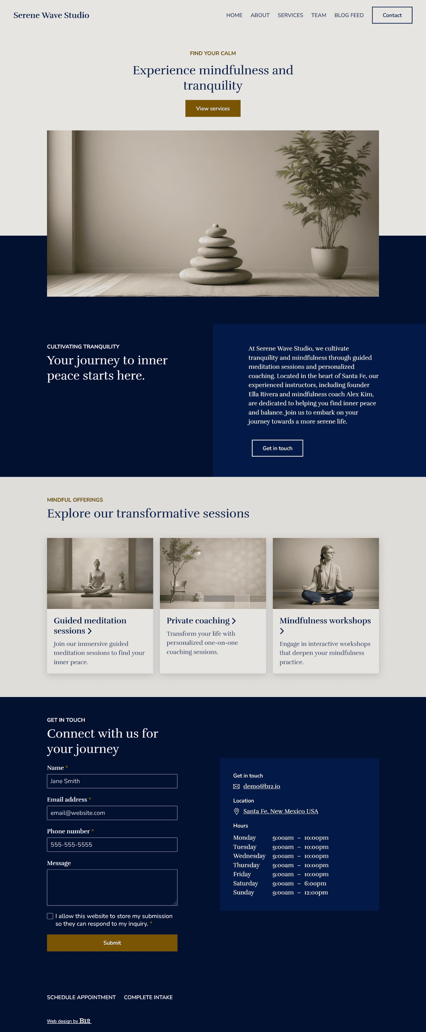 Design a sleek and calming website for our meditation studio located in Santa Fe, New Mexico. Highlight our services, including guided meditation sessions and private coaching. Include pages such as a Team page introducing our team of experienced instructors, like founder Ella Rivera and mindfulness coach Alex Kim, a Blog and Contact form with a scheduling tool. 