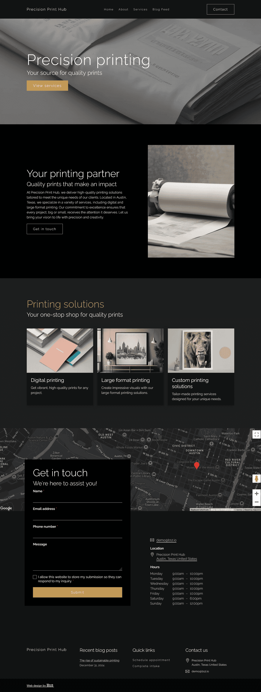 Design a website for our full-service printing center based in Austin, Texas, specializing in high-quality printing solutions. The website should include an About page, Services page with offerings like digital printing and large format printing (banners, posters), Blog on topics such as trends in printing design, and a quote request form, with the center’s Austin address with a map for easy navigation.