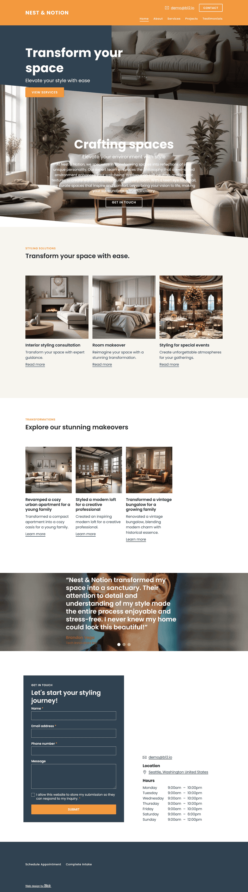 Create a polished and welcoming website for Nest & Notion, a home styling service based in Seattle, Washington. Use soft neutrals, organic textures, and aspirational interior photography. Include a portfolio of past makeovers, a booking form, testimonials from satisfied clients, and a section outlining our styling philosophy.