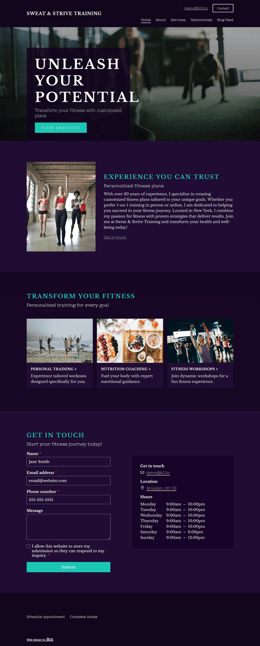 I'm a personal trainer with 20+ years experience creating customized fitness plans. I offer 1-on-1 training in person or online. My site should have client testimonials, email signup for new members, and a blog with health and fitness tips.
