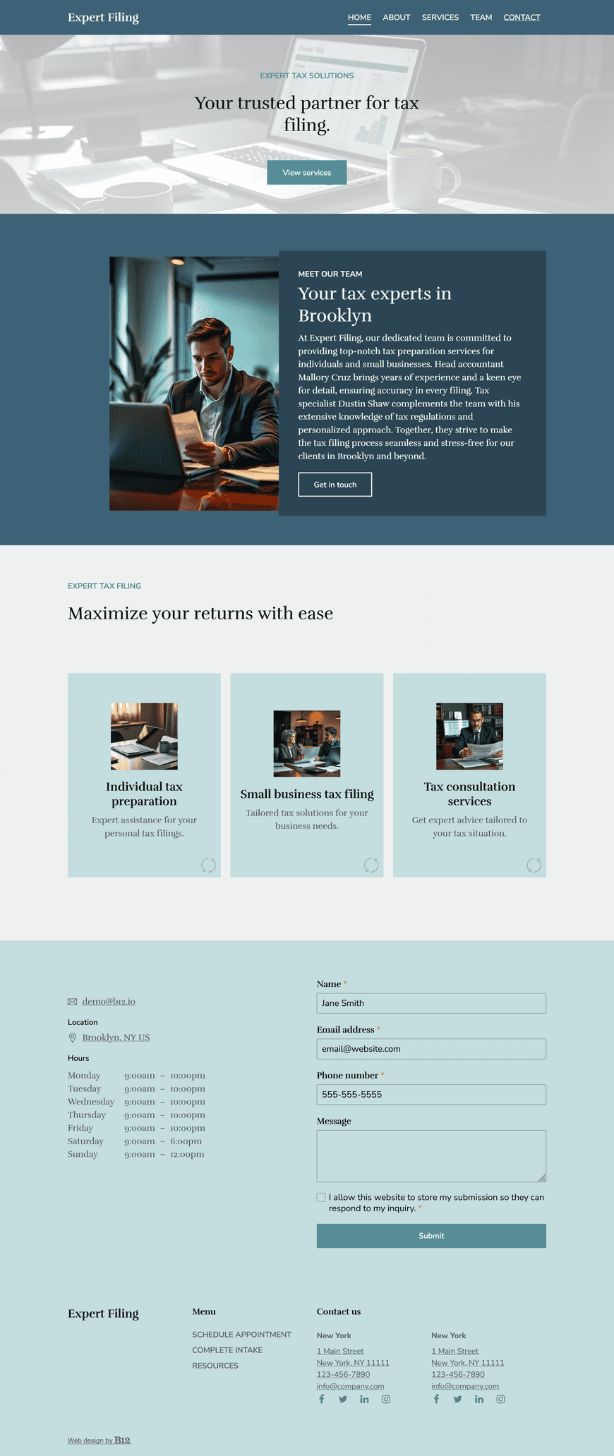 We're a tax preparation service for individual & small business tax filing. Include an About page introducing the team (head accountant Mallory Cruz and tax specialist Dustin Shaw) and expertise, a Resources page with links to federal and state refund status, and consultation scheduling.