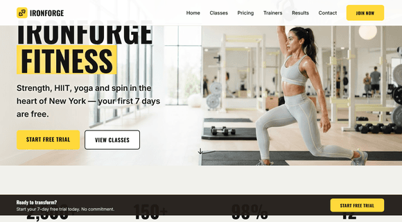 Gym and fitness studio website homepage