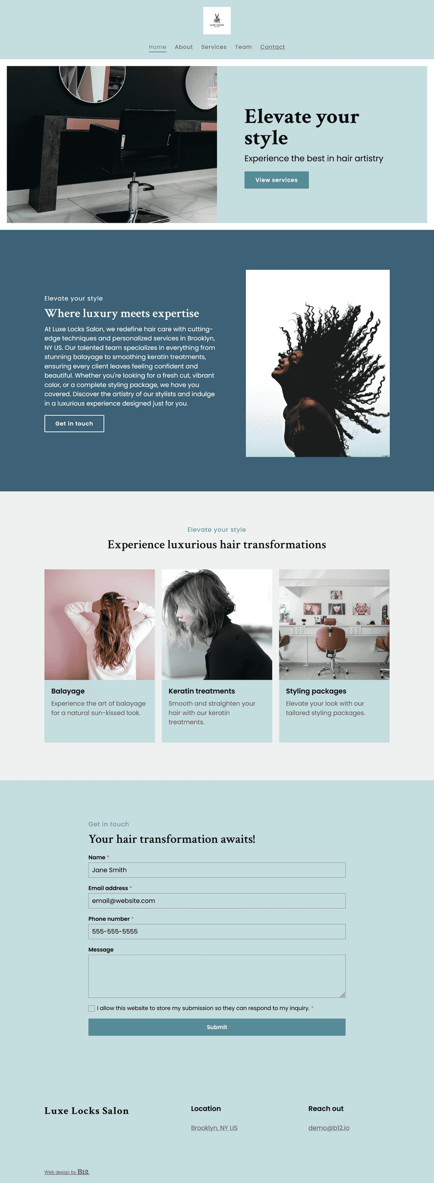 We're a cutting-edge hair salon that offers cuts, color, and styling for men and women. We want to highlight services like balayage, keratin treatments, and styling packages, with a page introducing our stylists and their specialties. Include a booking page for appointments.