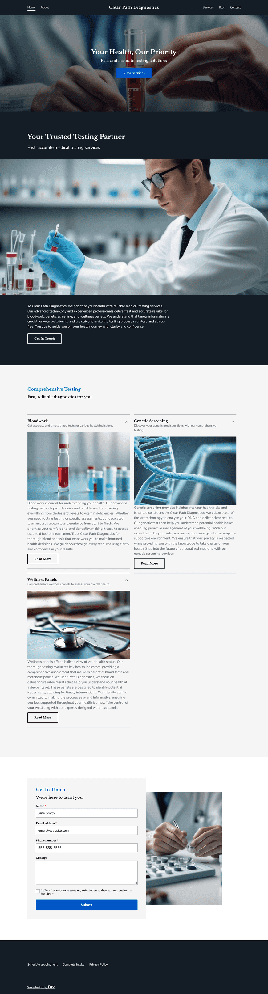 Build a clean, trustworthy site for Clear Path Diagnostics, a regional provider of fast, accurate medical testing in Austin, TX. Use clean layouts with clinical white space, reassuring blues, and icons for services like bloodwork, genetic screening, and wellness panels. Include appointment booking and blog with test preparation guides.