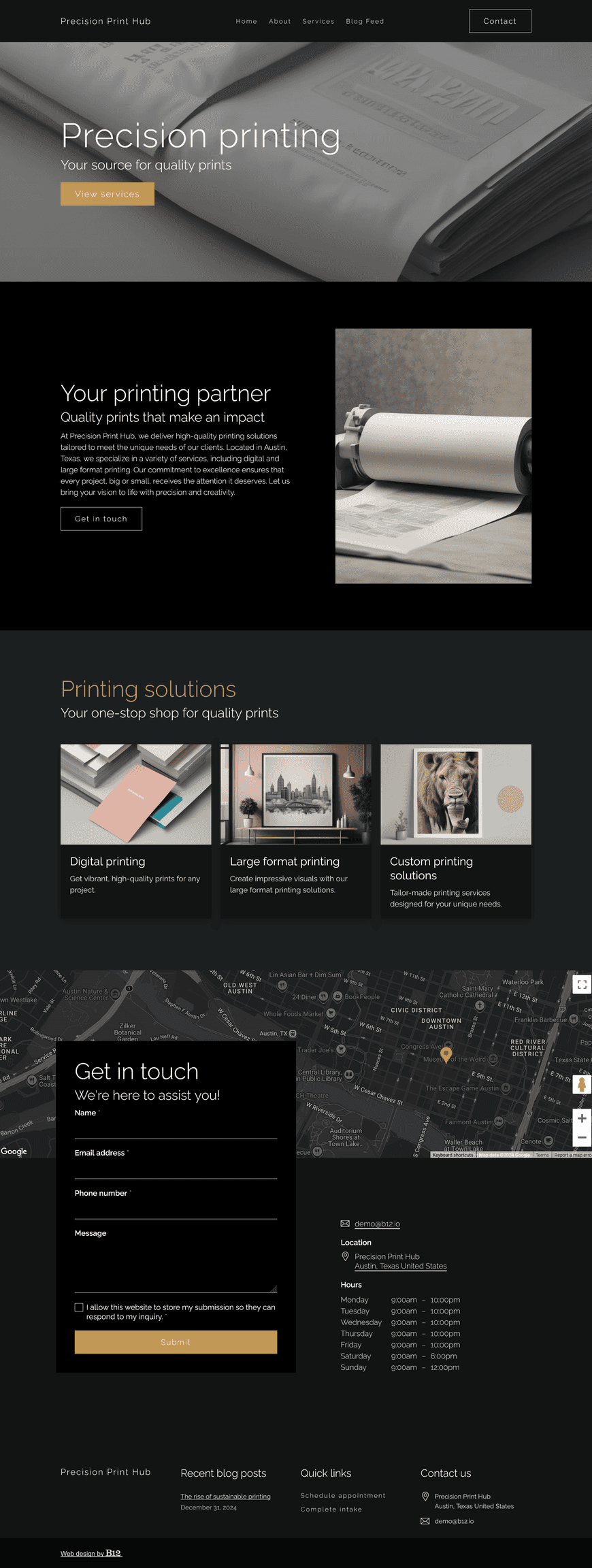 Design a website for our full-service printing center based in Austin, Texas, specializing in high-quality printing solutions. The website should include an About page, Services page with offerings like digital printing and large format printing (banners, posters), Blog on topics such as trends in printing design, and a quote request form, with the center’s Austin address with a map for easy navigation.