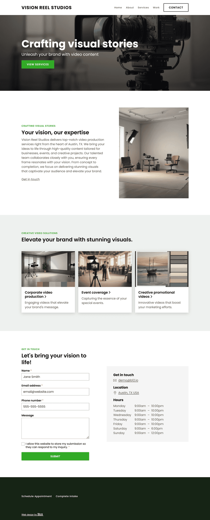 We’re a full-service video production company based in Austin, TX, specializing in creating high-quality content for businesses, events, and creative projects. Our website should have a Portfolio page showcasing our best work across industries. It should also have a Services page, Contact page, and a scheduling option.