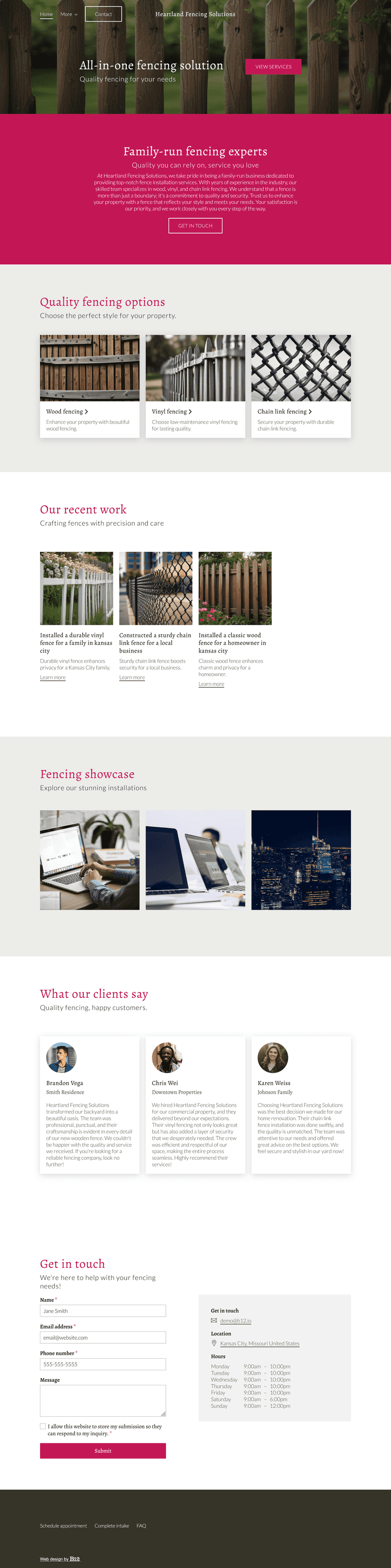 Design a simple yet effective website for Heartland Fencing Solutions, a family-run fence installation business located in Kansas City, Missouri. The website should include service offerings (wood, vinyl, chain link), portfolio of completed work, customer testimonials, and FAQs.