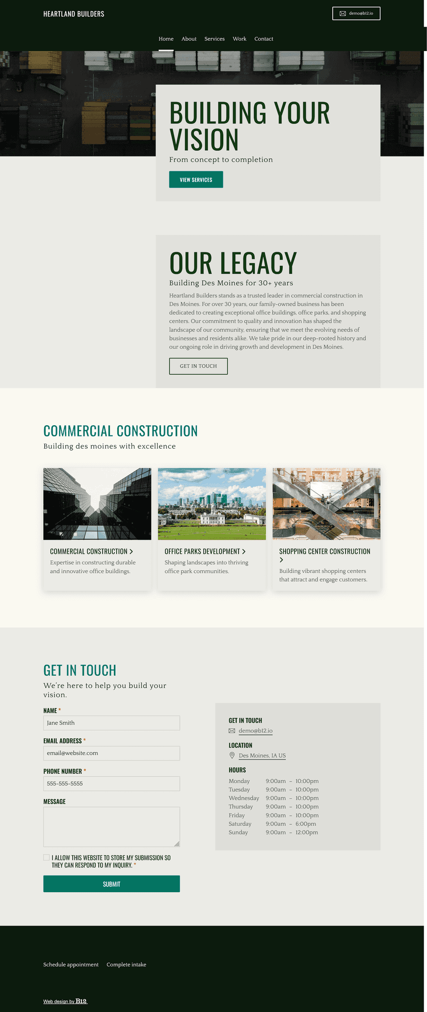 A construction company with a robust portfolio of office buildings, office parks, and shopping centers in Des Moines. I want the site's About page to cover our 30+ year history as a family business and local leader in commercial construction.
