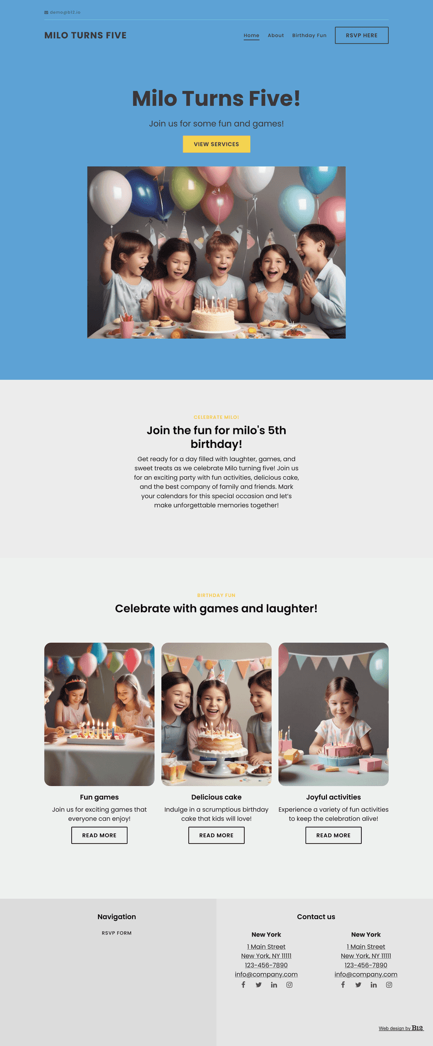 Write warm and simple text for a one-page website that invites friends and family to Milo’s 5th birthday party. Use bright, playful language that describes what the party will be like — games, cake, fun activities, and time with friends and family. Include the party date, time, location with directions, and an RSVP section. Write as if a parent is personally inviting their guests, with no promotional or business language. The tone should be friendly, informal, and joyful.
