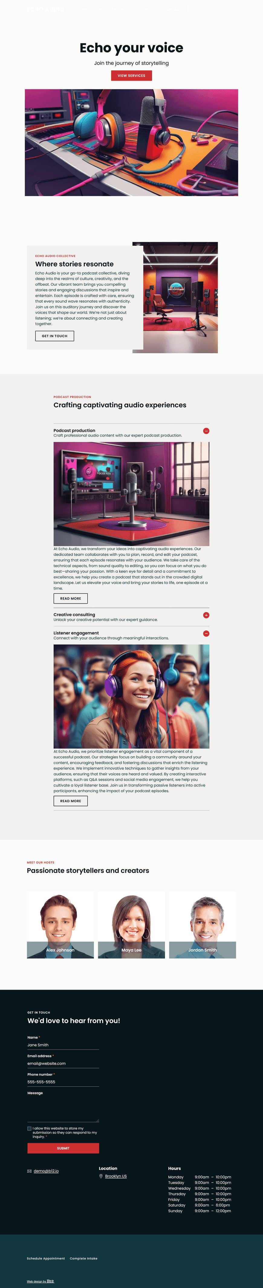 Design a bold and expressive blog-style website for Echo Audio, a Brooklyn-based podcast collective covering culture, creativity, and offbeat stories. Use dynamic layouts, waveform-inspired accents, and vibrant color blocks. Include episode highlights, behind-the-scenes blog posts, team page for host bios, and a listener feedback section.