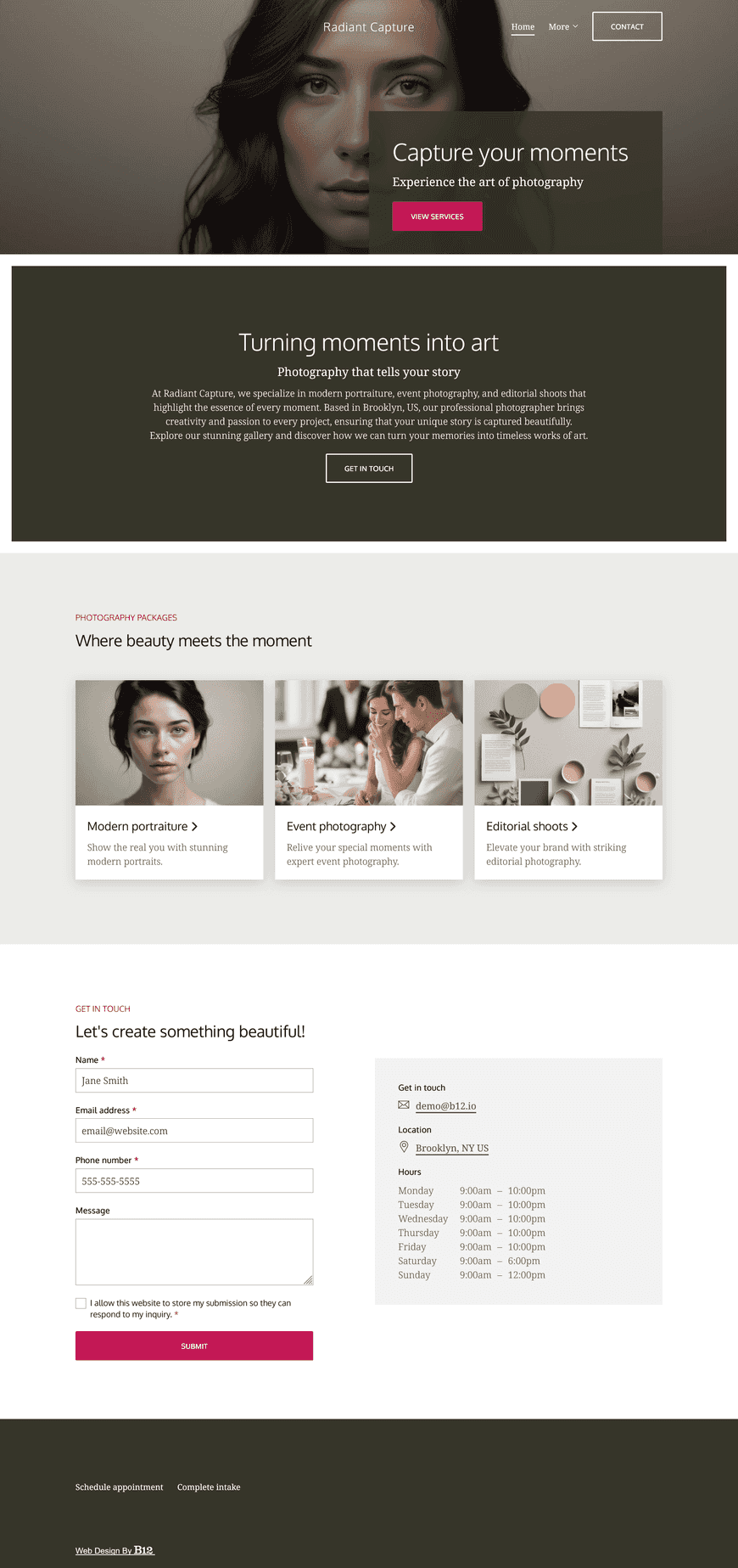 I am a professional photographer specializing in modern portraiture, event photography, and editorial shoots. I need a website with a captivating gallery, categorized by portraits, events, and editorials. Include a Services page with detailed pricing, as well as a prominent Contact form. 