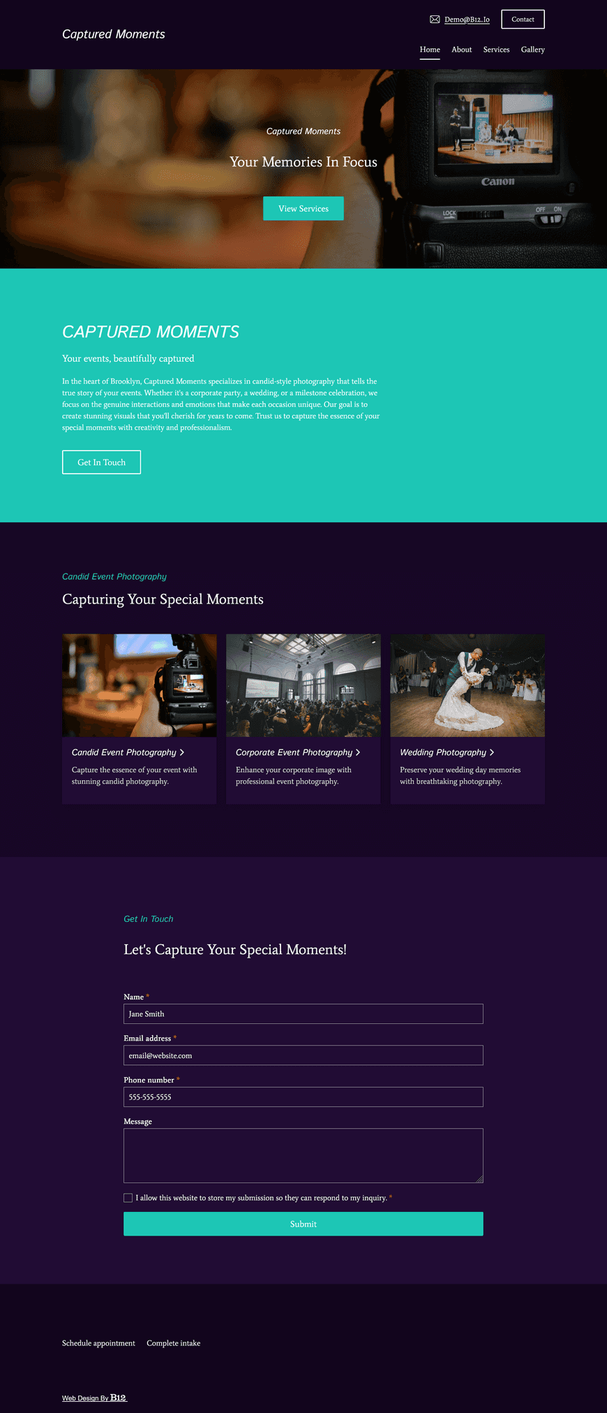 I offer candid-style event photography for corporate parties, weddings, and milestone celebrations. Create a minimalist website with a beautiful gallery and a form for booking my services.