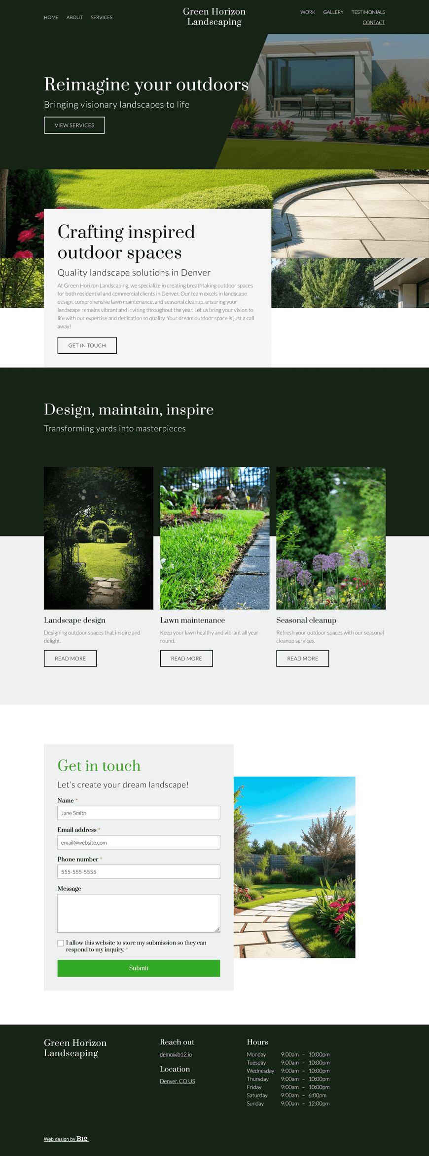 Our landscaping business creates stunning outdoor spaces for both residential and commercial clients around Denver through landscape design, lawn maintenance, and seasonal cleanup. The site should have a gallery of completed projects, a section with client reviews, and a contact form for new inquiries.