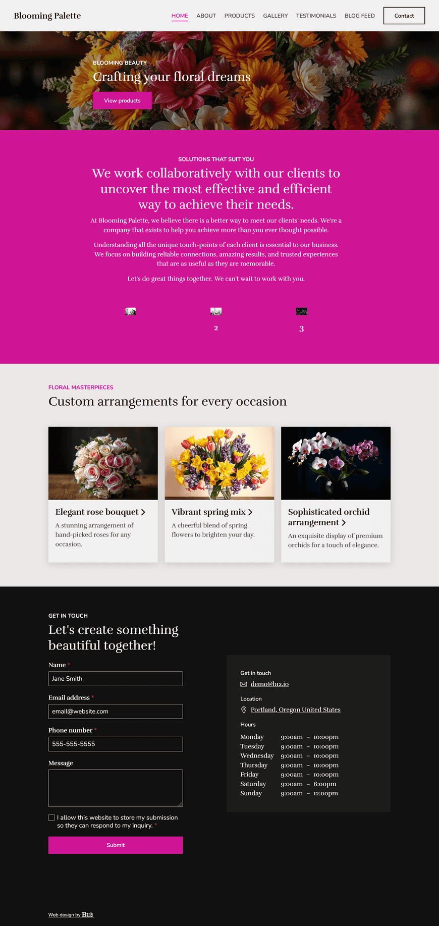 Design a website for our boutique florist located in Portland, Oregon, specializing in custom floral arrangements. The website should include a Products page, a Gallery of our recent work, Testimonials, Blog with posts on floral care tips and seasonal flower guides, and a Contact form with online booking.The design should use a soft pastel color palette and inviting typography. 