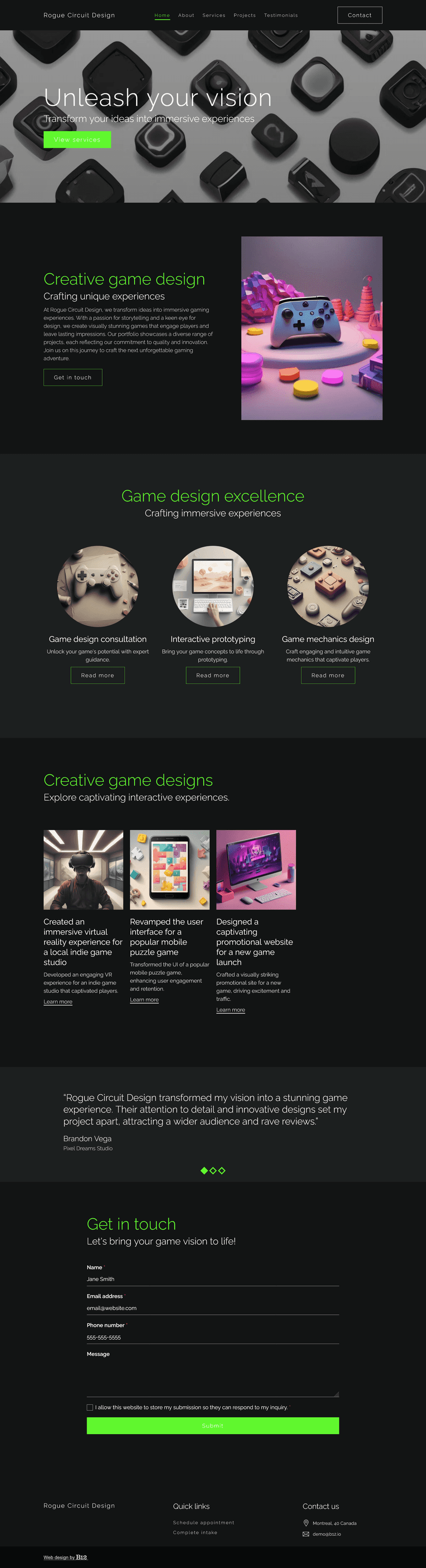 Design a visually rich portfolio site for a freelance game designer based in Montreal, Canada. Use dark backgrounds and neon accents to showcase projects, testimonials, and a contact page for hiring inquiries.