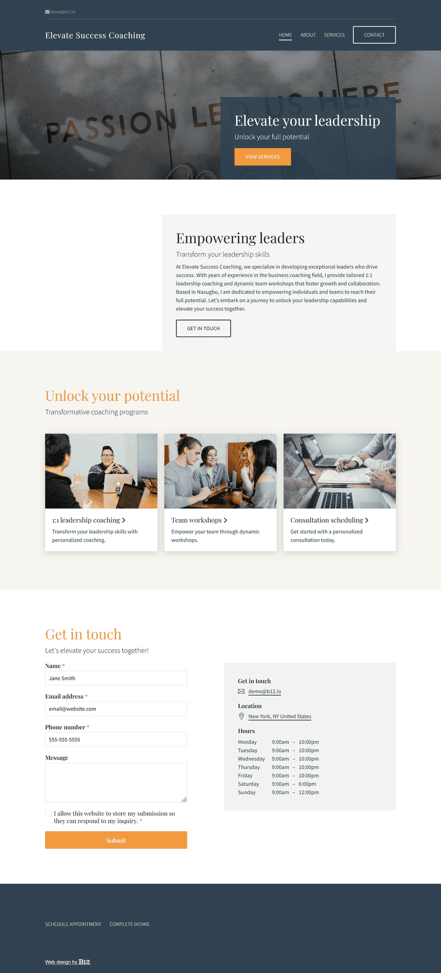 My New York business coaching service specializes in leadership development. I need a professional website with detailed descriptions of available coaching programs, including 1:1 leadership coaching and team workshops, consultation scheduling, and an “About Me” page all about my background and expertise.
