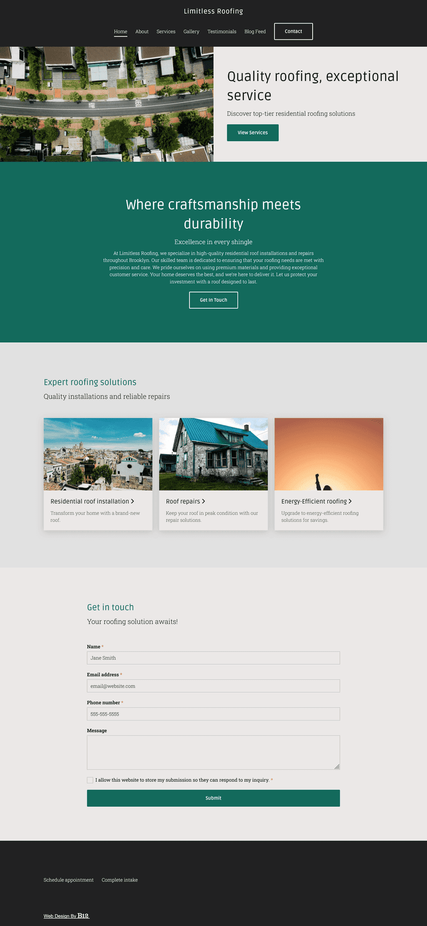 I want a sleek website for my roofing company specializing in residential roof installations and repairs. Include a project gallery, testimonials, and a blog about energy-efficient roofing.