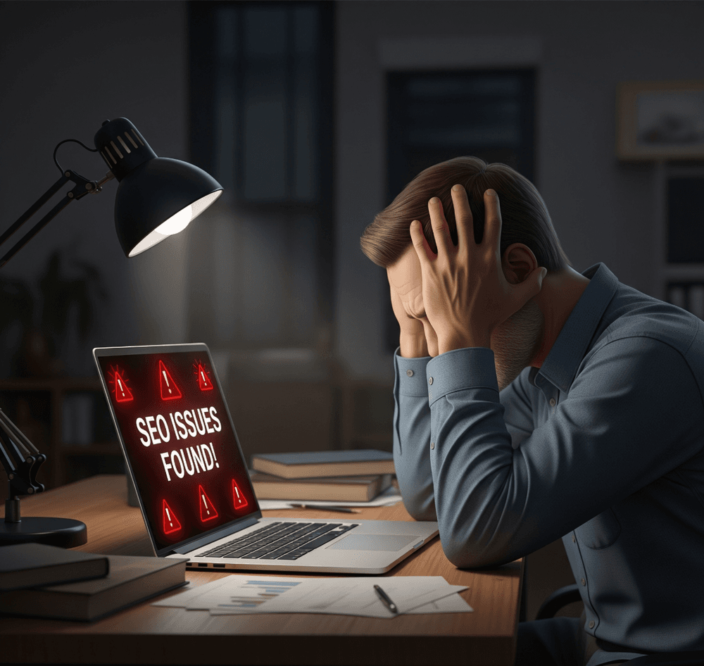 frustrated man holding his head while sitting at a table with a laptop displaying seo issues found on the screen 