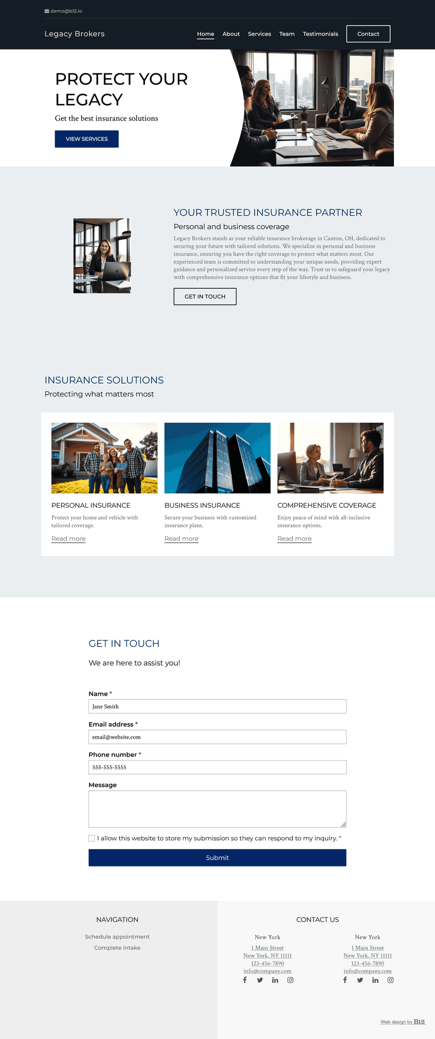 Our insurance brokerage in Canton, OH offers personal (home, auto) and business insurance.  The website should have an online quote request form, team bios for our president Simone Nguyen and agent Liam Smith, and feature client testimonials. 
