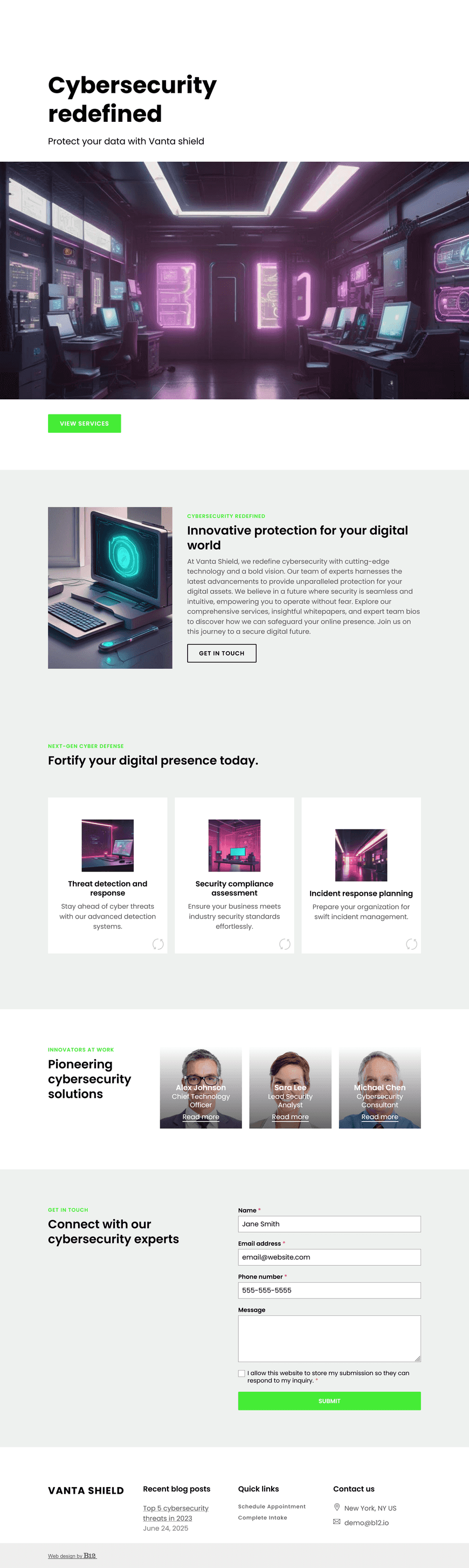 Create a bold and futuristic website for Vanta Shield, a cybersecurity startup with a cutting-edge edge. Use cyberpunk-inspired illustrations, glowing neon accents, and a dark tech UI. Include service overviews, team bios, and a security insights blog.