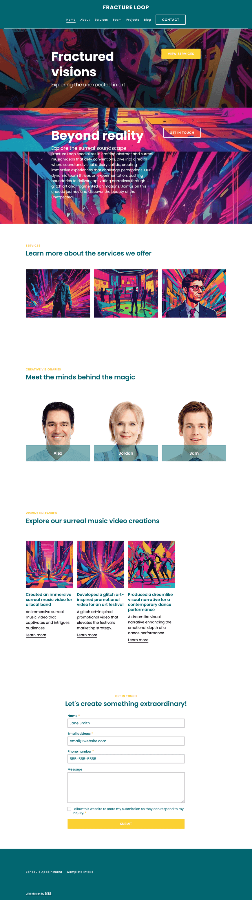 Design a chaotic and experimental site for Fracture Loop, a production studio specializing in abstract and surreal music videos. Use glitch art illustrations with datamosh effects, pixel tears, and fragmented animations. Include a team page for director spotlights and blog with behind-the-scenes breakdowns.