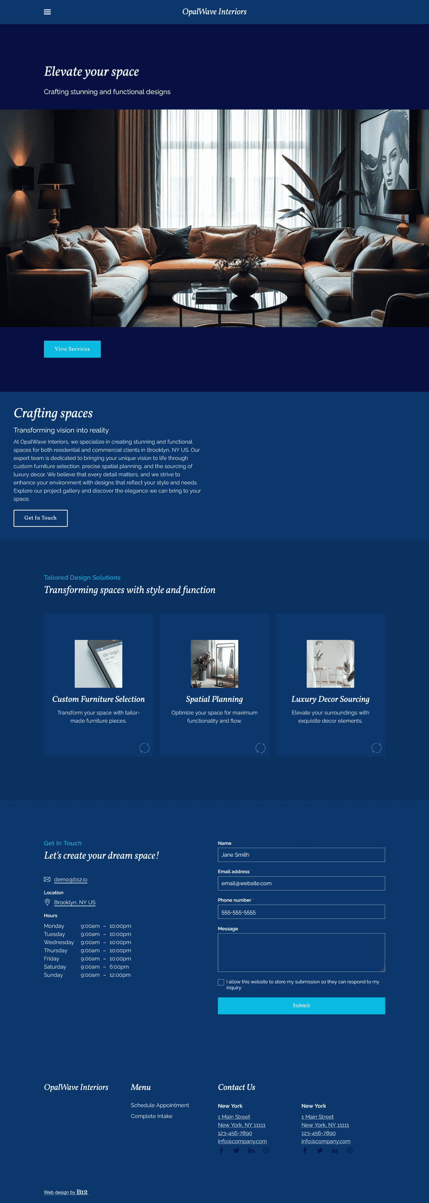 Our interior design firm creates beautiful, functional spaces for residential and commercial clients. We need a website that showcases our services, including custom furniture selection, spatial planning, and luxury decor sourcing, with a project gallery featuring recent work and blog for design trends. 