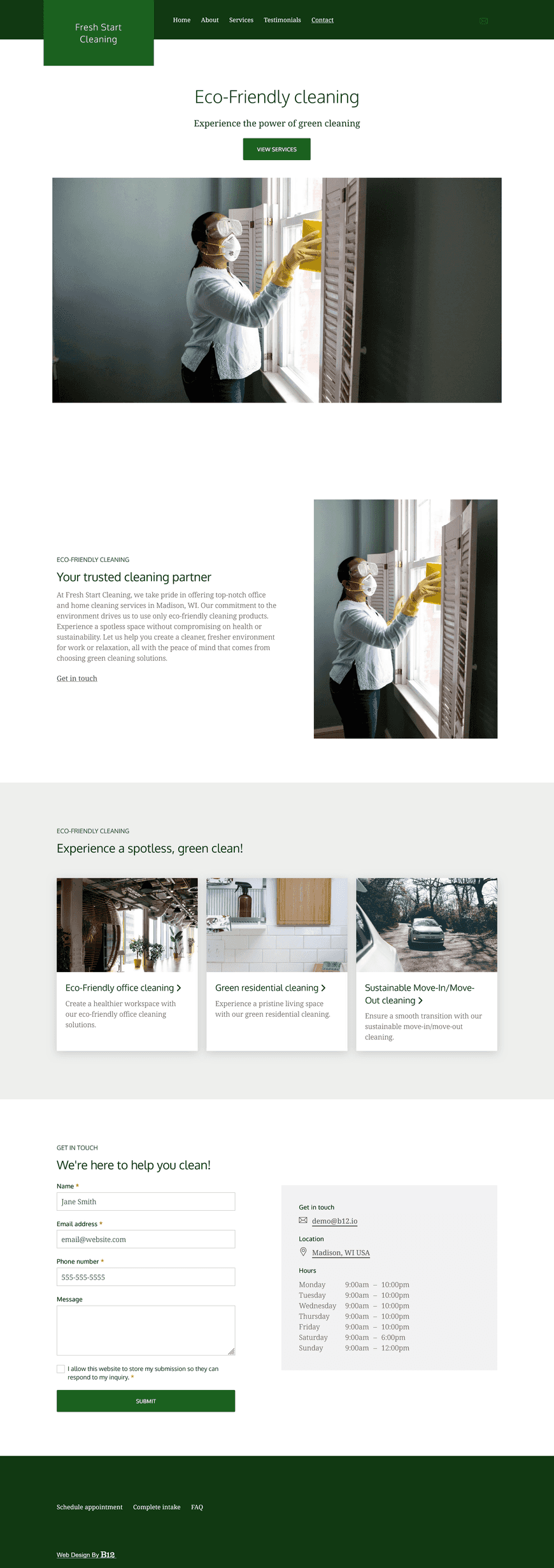I provide office and home cleaning services in Madison, WI. I want the site to emphasize that I only use eco-friendly products. It should have a quote form, testimonials, and FAQs about how to book services and payment methods I accept.