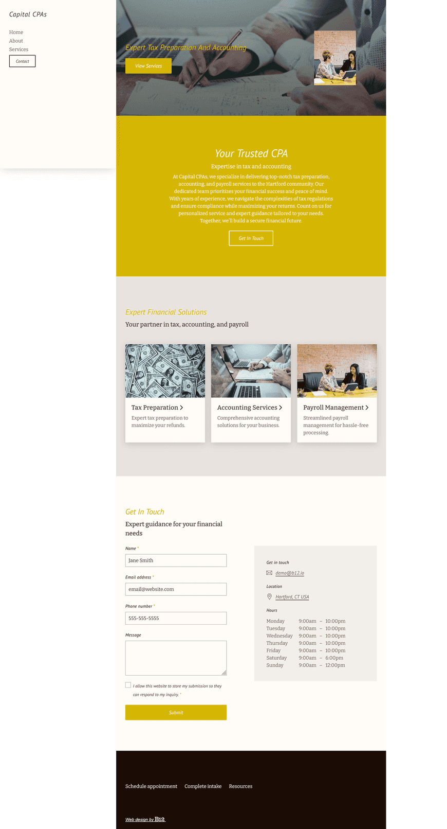 My accounting firm specializes in tax preparation, business accounting, and payroll in the Hartford, CT area. The site should feature a Resources page for tax rates and due dates, and scheduling for new client consultations.