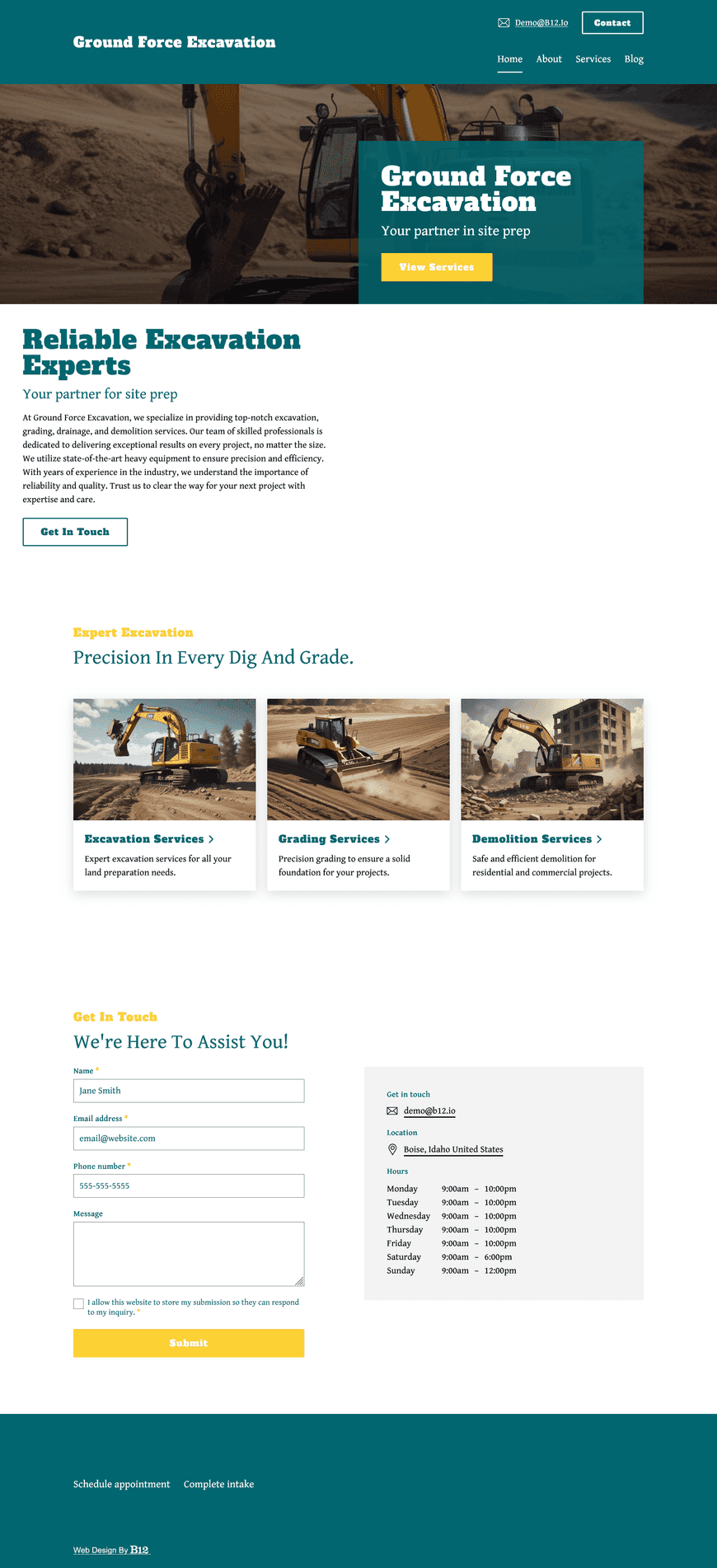 Design a rugged, dependable-looking website for Ground Force Excavation, a site prep and land-clearing contractor in Boise, Idaho. The site should detail excavation, grading, drainage, and demolition services, plus heavy equipment capabilities. Add licensing info and a blog.