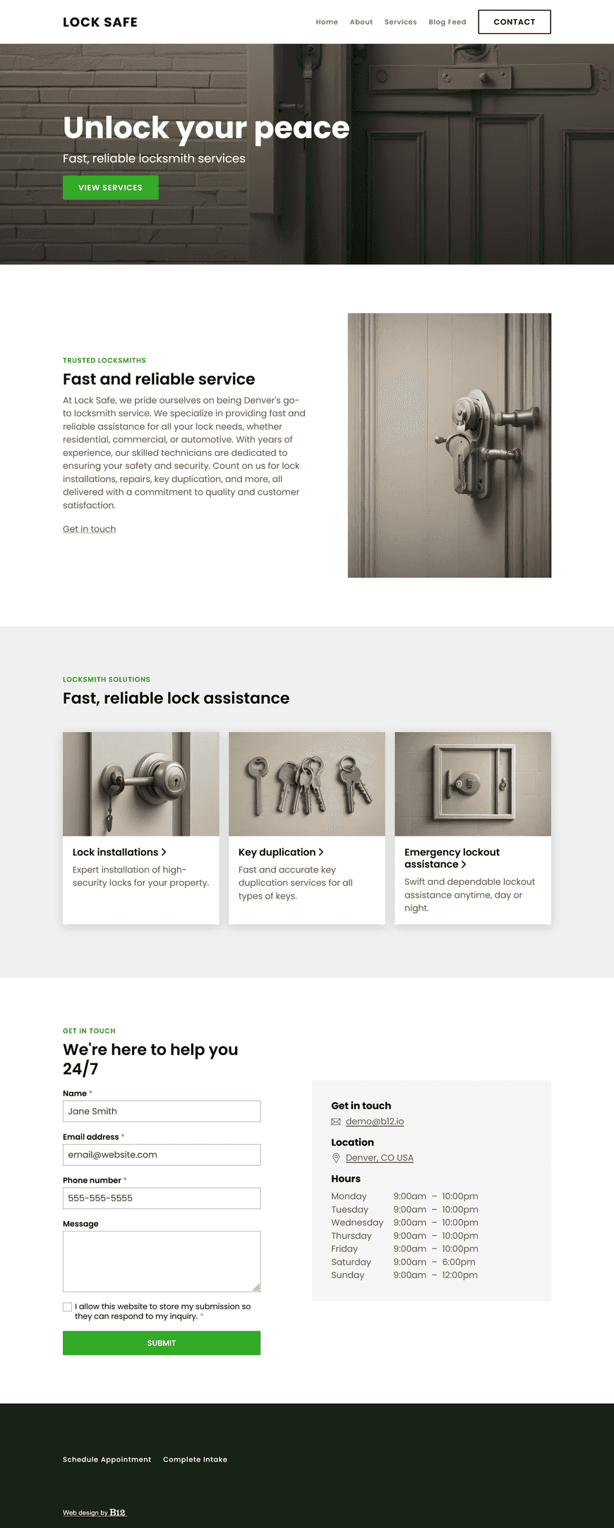 We’re a trusted locksmith service based in Denver, CO specializing in fast, reliable assistance for residential, commercial, and automotive lock needs. Design a professional website that includes an About page, a Services page outlining key offerings, such as lock installations and key duplication, a Blog page with security tips, and a Contact form.