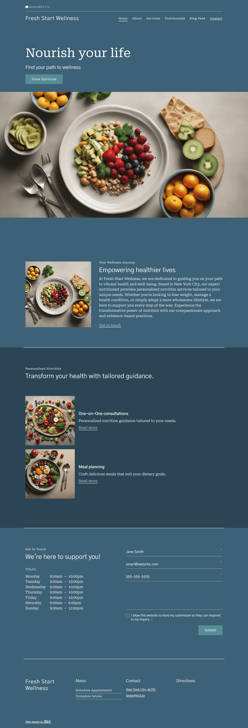 Design a welcoming, informative website for a nutritionist based in New York City. The site should include key sections such as an About Us page, Services (describing one-on-one consultations, meal planning, and wellness programs), Blog (offering healthy recipes, nutritional advice, and lifestyle tips), Testimonials, and Contact.