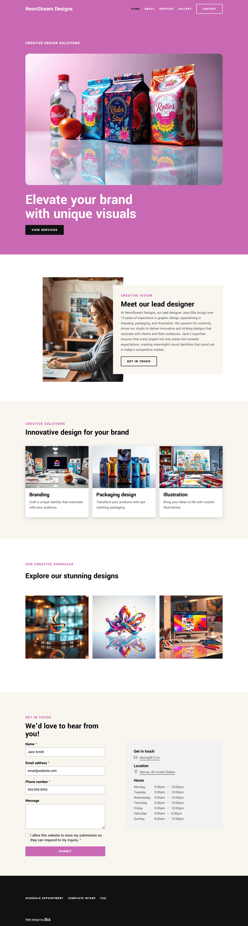 Our Denver-based graphic design studio, NeonStream Designs, specializes in branding, packaging, and illustration. Build a modern website that includes a Gallery page, a Services page, and an FAQs page. Add an About page featuring our lead designer, Jane Ellis, and her 10+ years of experience.
